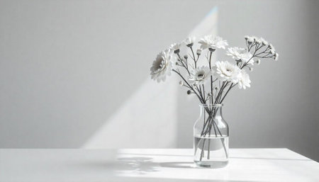 White daisies in a glass vase against white backdropの写真素材