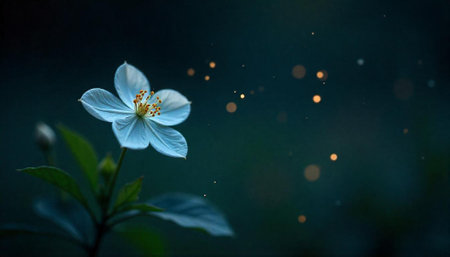 White flower with bokeh lights against dark backgroundの写真素材