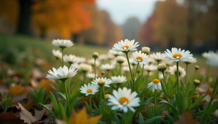 Daisies in full bloom during autumn, ground level viewの写真素材