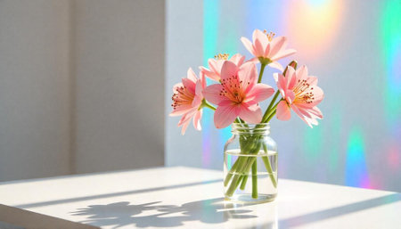 Pink lilies in a glass vase under rainbow light