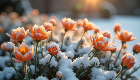 Orange tulips blooming with snow covering in winter seasonの写真素材