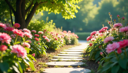 Serene garden path lined with pink flowers in sunlightの写真素材