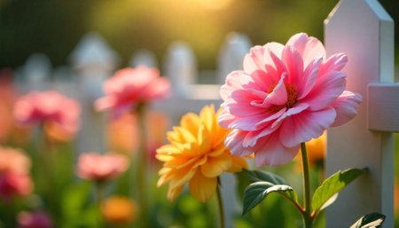 Pink and yellow flowers beside white picket fence in gardenの写真素材