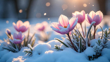 Pink crocus flowers emerging through snow, backlit by sunlightの写真素材
