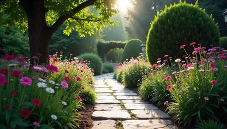 Pathway through a tranquil garden at sunset with vibrant flowersの写真素材