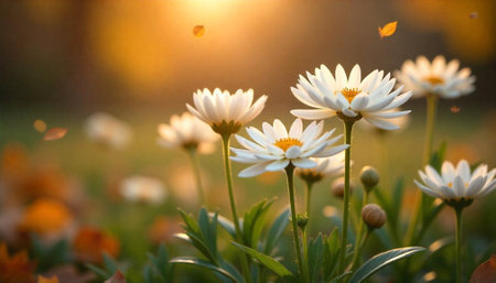 Dreamy daisy field at sunset with falling autumn leavesの写真素材