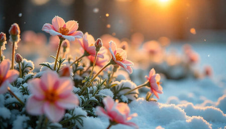 Pink flowers blossom through winter snow at sunsetの写真素材