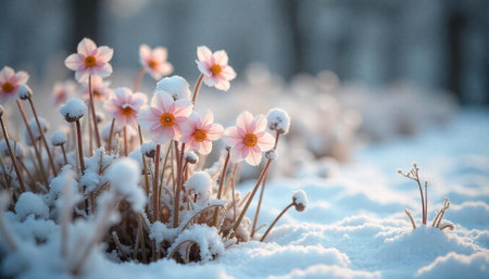 Delicate pink flowers blooming in winter wonderland snow scene
