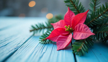Red poinsettia flower with evergreen branches on rustic woodの写真素材
