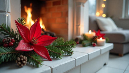 Warm Christmas Eve with Fireplace, Poinsettia, Candles Decor