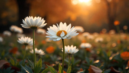 Daisy field in autumn sunlight creates a peaceful atmosphere