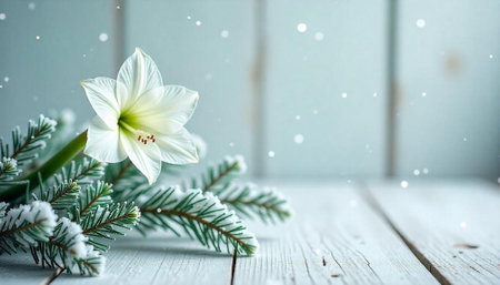 Amaryllis flower and snowy pine branch on white wooden tableの写真素材