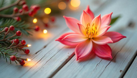 Elegant pink flower and Christmas decoration on wooden tableの写真素材