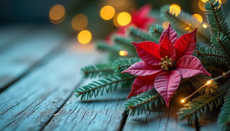 Festive poinsettia and evergreen branch on rustic wooden surfaceの写真素材