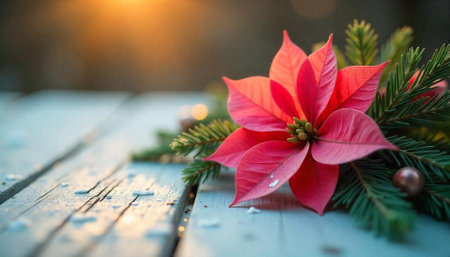 Festive poinsettia and pine bough on wooden table surfaceの写真素材