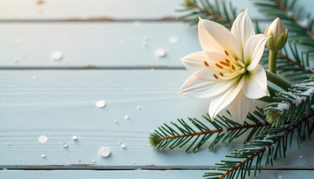 White Lily and Evergreen Sprigs on a Pale Blue Surfaceの写真素材