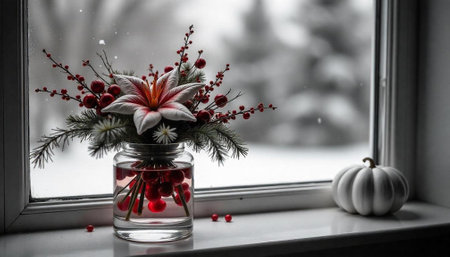 Winter floral arrangement with a gourd on windowsill