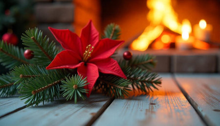 Festive Poinsettia arrangement by fireplace holiday season background imageの写真素材