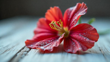 Elegant red flower with white specks on wooden surface
