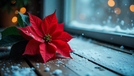 Festive red poinsettia flower on snowy wooden windowsill