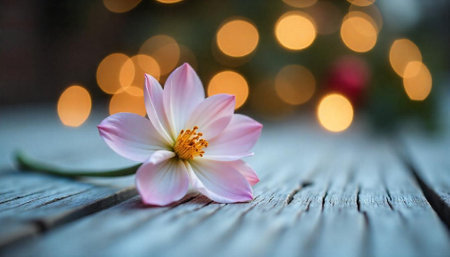 Delicate pink flower resting on weathered wooden surfaceの写真素材