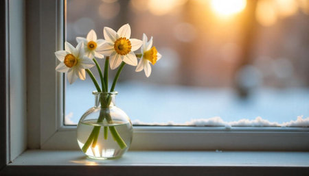 Daffodils in glass vase on windowsill bathed in sunlightの写真素材