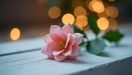 Single pink dahlia blossom on rustic wood surface