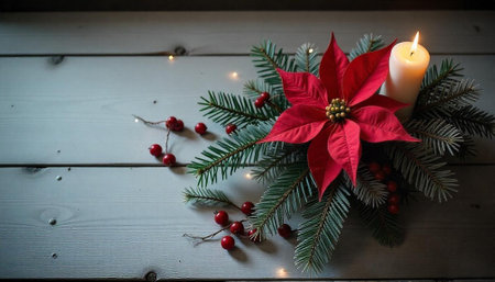 Festive Christmas candle decoration on rustic wooden table topの写真素材