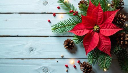 Festive Poinsettia and Pinecone Christmas Arrangement on Woodの写真素材