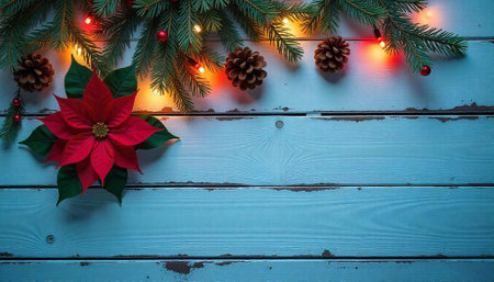 Festive Christmas Poinsettia and Evergreen Arrangement on Rustic Wood