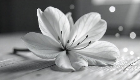Monochrome flower lies on a weathered wooden surface