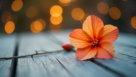 Orange hibiscus flower on rustic blue wooden surface backgroundの写真素材