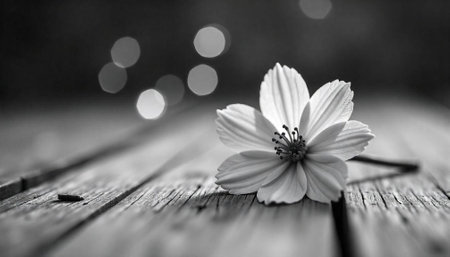 Lone white flower resting on aged wooden plank surfaceの写真素材