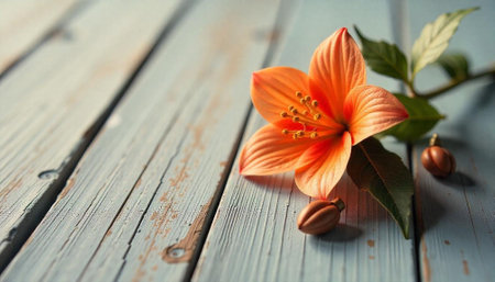 Orange flower with leaves on rustic wooden plank surfaceの写真素材
