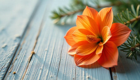 Orange dahlia blossom and fir branch on rustic woodの写真素材