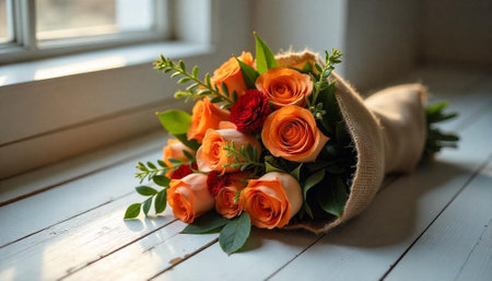 Peach and red roses bouquet with burlap wrap decorationの写真素材