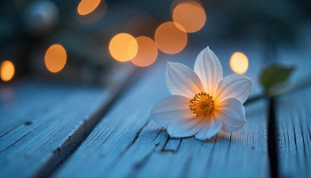 Dreamy floral still life with white flower and bokeh lights