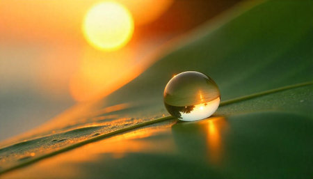 Water droplet on leaf reflecting warm sunset sceneryの写真素材