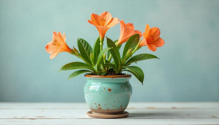 Potted orange flowers on a white rustic wooden table