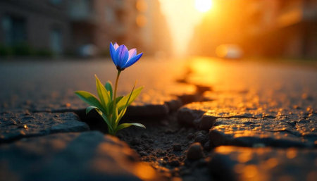 Resilience Flower Blooms in Cracked Pavement Against Sunsetの写真素材