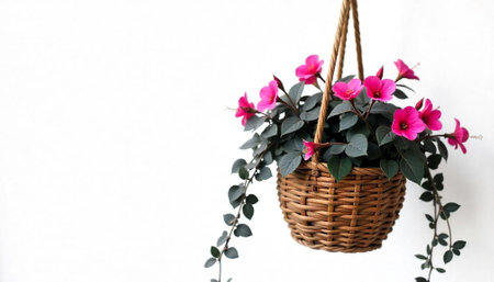 Hanging basket with bright pink flowers against white backgroundの写真素材