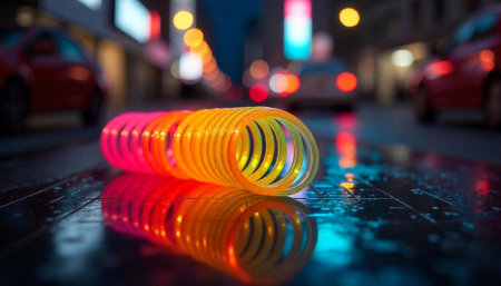 Colorful slinky resting on street with city lights backgroundの写真素材