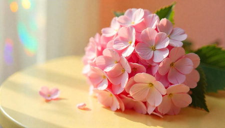 Delicate bouquet of pink flowers with gentle sunlightの写真素材