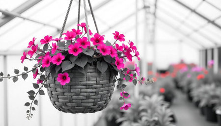 Hanging basket with vibrant pink flowers in greenhouse settingの写真素材