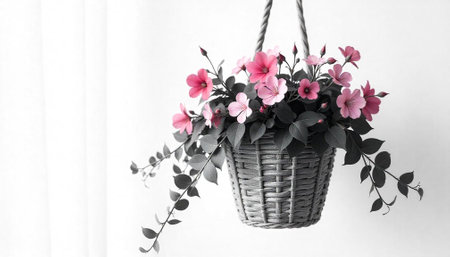 Hanging basket with vibrant pink flowers against white backdropの写真素材