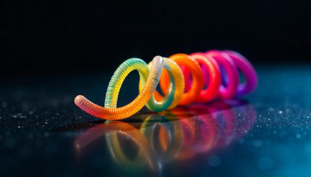 Vibrant rainbow plastic coil on reflective surface with dark backgroundの写真素材