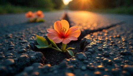 Flower blooms through cracked road at sunset hope symbolの写真素材