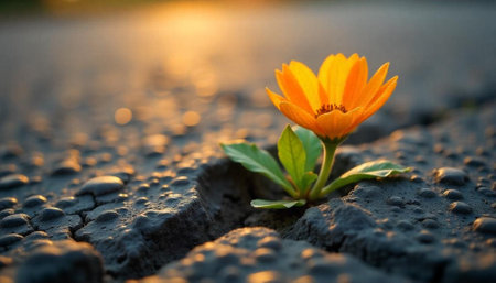Orange flower sprouting through dry cracked earth at sunsetの写真素材