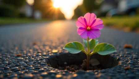 Flower breaks through concrete symbolizing hope and perseveranceの写真素材