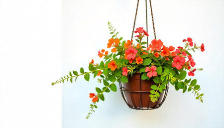 Vibrant hanging basket displaying bright orange and red flowersの写真素材
